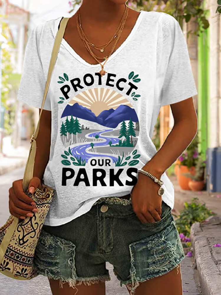 Women's Protect Our National Parks Print V Neck Casual T-shirt