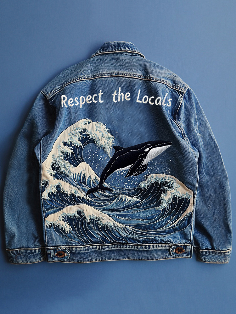 Retro Respect The Locals Waves And Whales Embroidered Art Denim Jacket