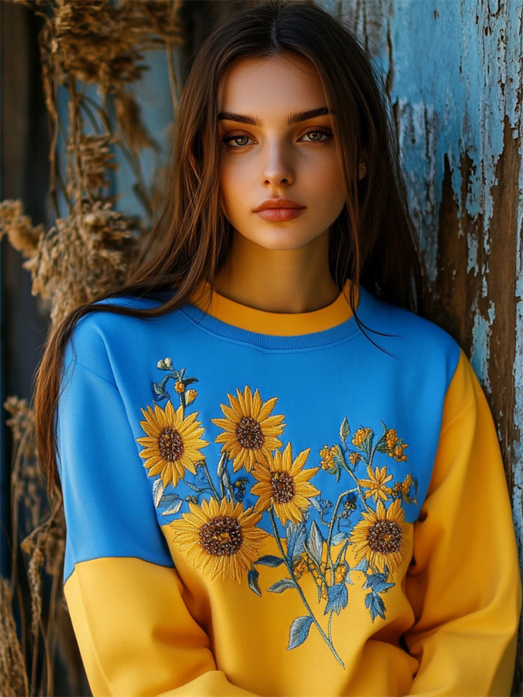 Sunflowers Embroidered Ukraine Contrast Color Sweatshirt