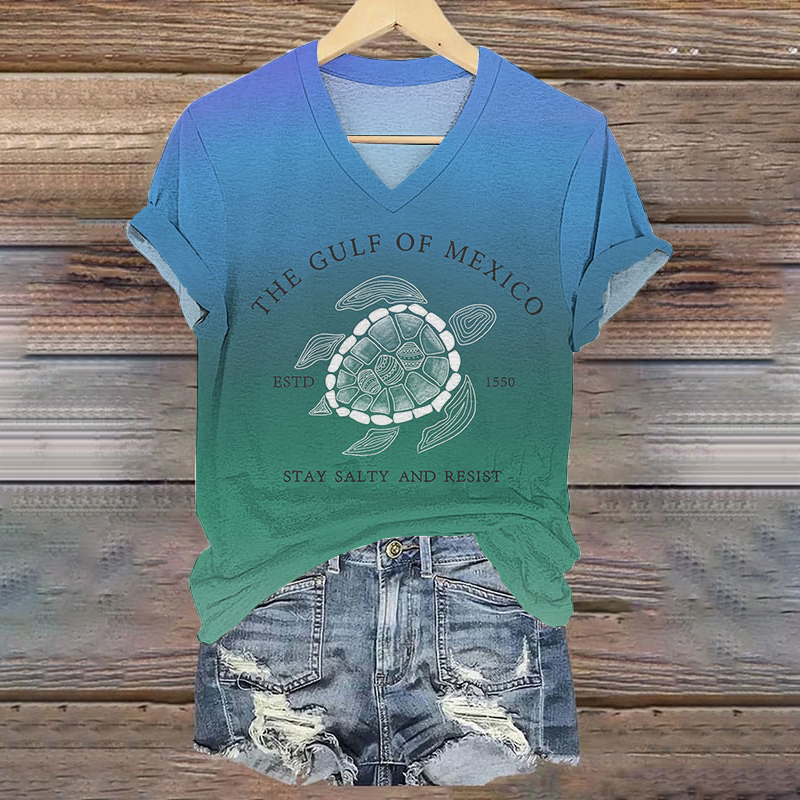 Women's Gulf Of Mexico In Gradient Printed V Neck T-shirt