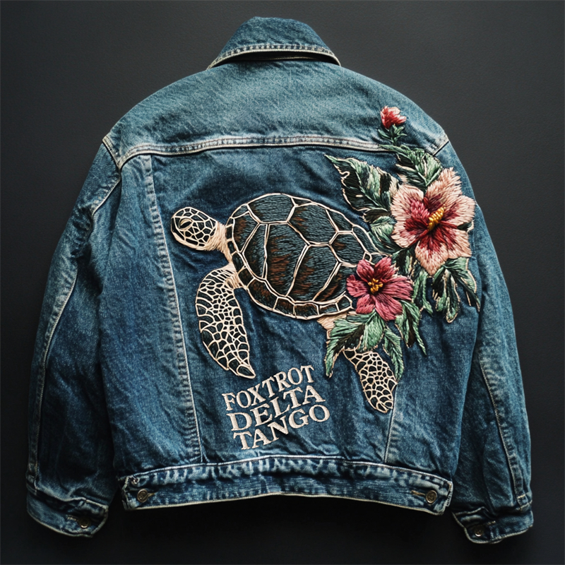 Foxtrot Data Tango Gulf Of Mexico Turtle Floral Embroidered Denim Jacket