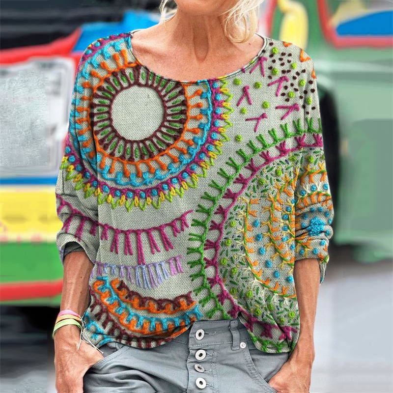 Floral Stitch Embroidery Pattern Women's Linen Long Sleeve T-shirt