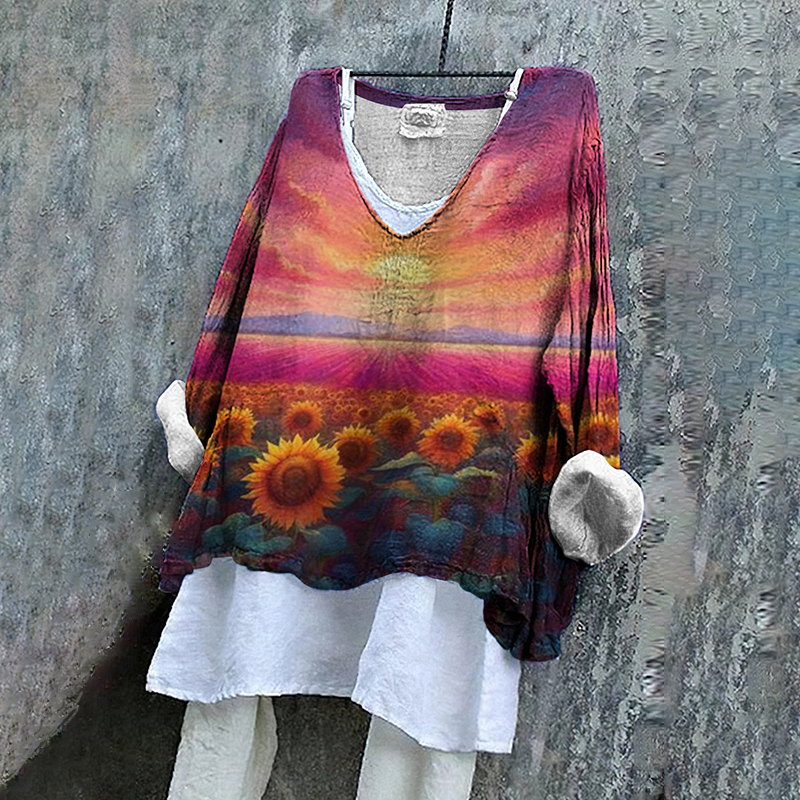 Pray For Ukraine Sunflower Print Women's Linen Shirt