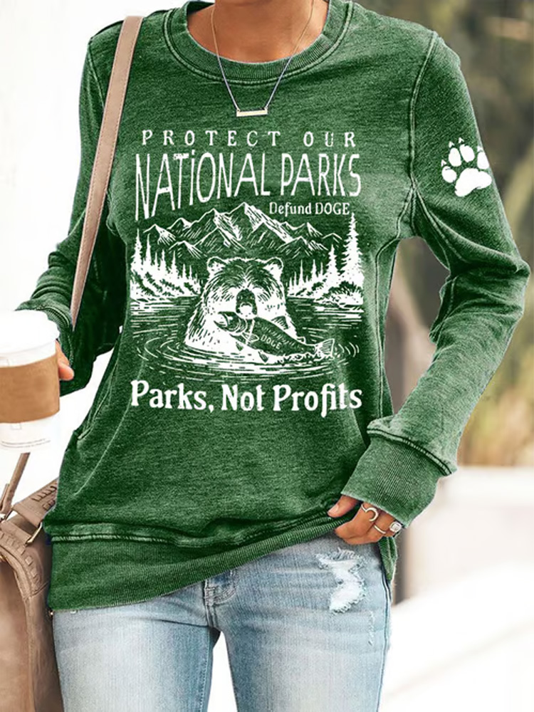 Women's Protect Our National Parks Print Round Neck Sweatshirt