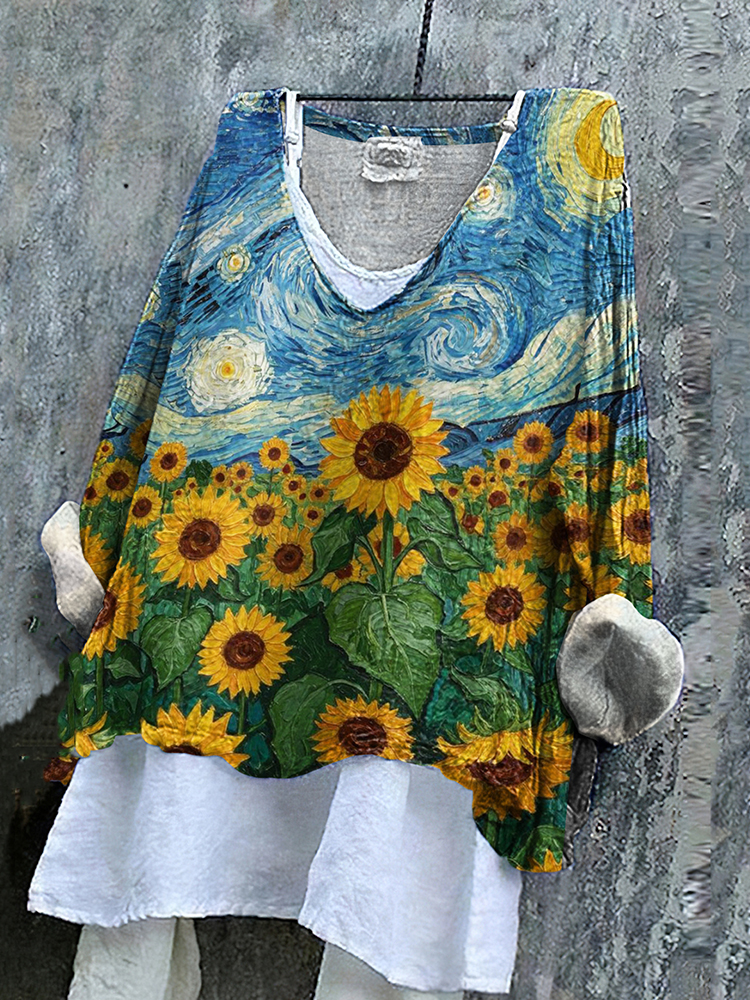 Ukrainian Sunflower In Starry Night Art Stop Ukr War Print Linen Women's V-neck Shirt