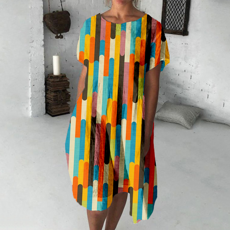 Retro Color Block Abstract Art Linen Blend Midi Dress