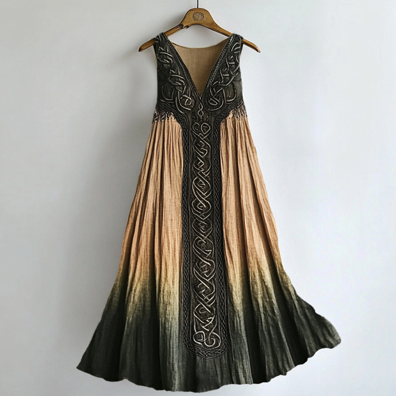 Vintage Celtic Contrast Forest Gradient Flowy Linen Dress