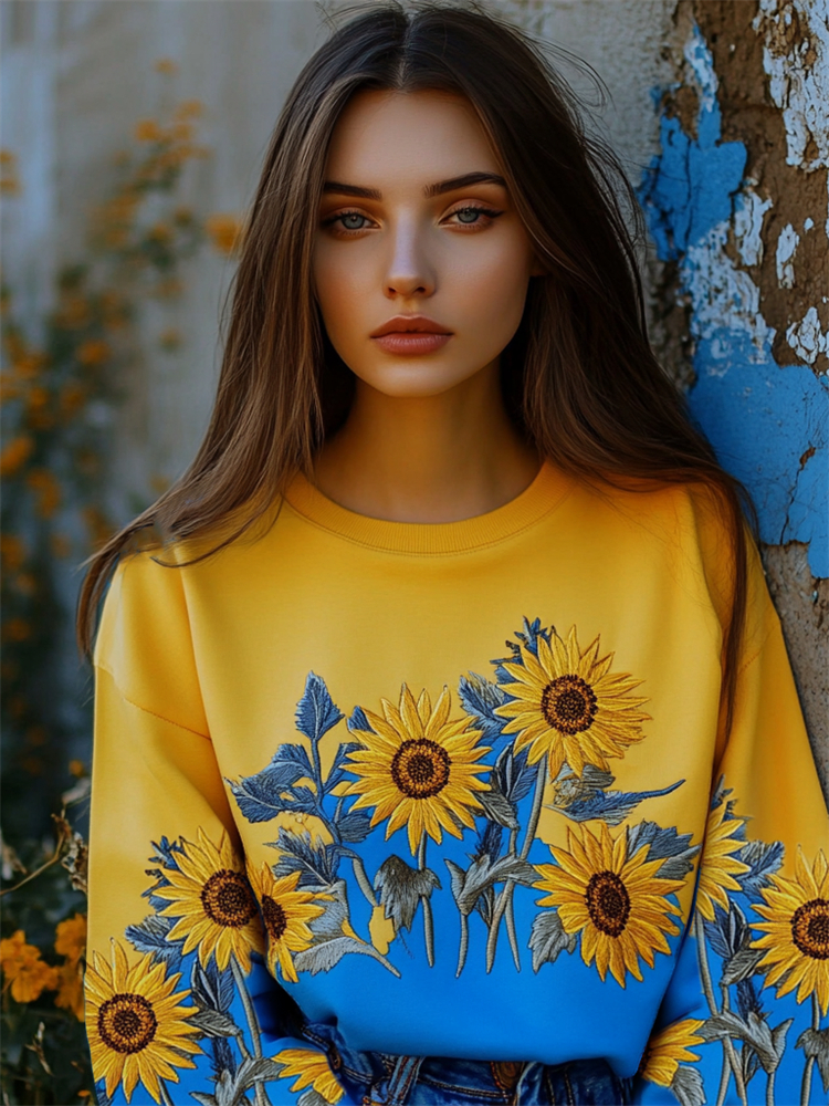 Sunflowers Embroidered Ukraine Contrast Color Sweatshirt