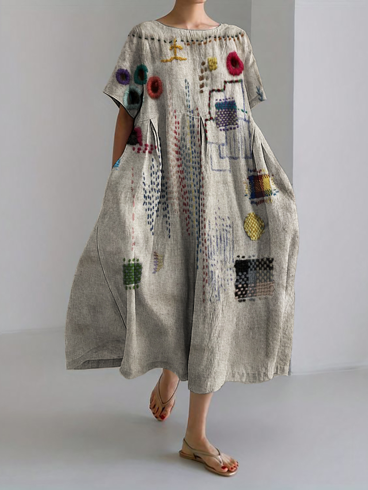 Colorful Embroidered Japanese Sashiko Art Linen Blend Maxi Dress