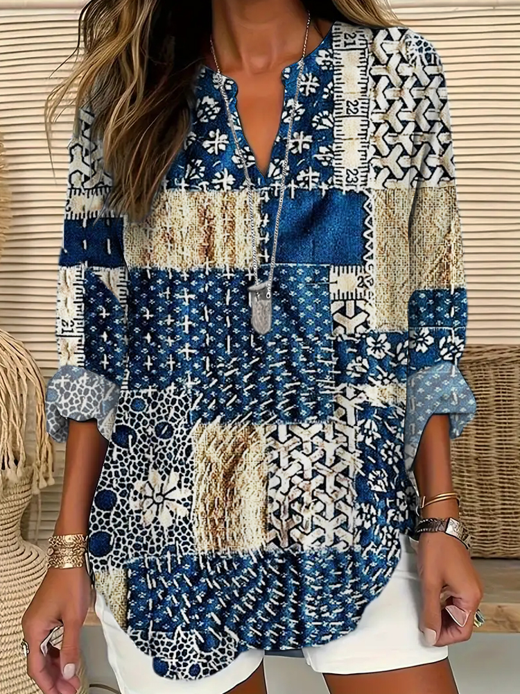 Japanese Botanical Flower Embroidery Women's Linen V-neck Shirt