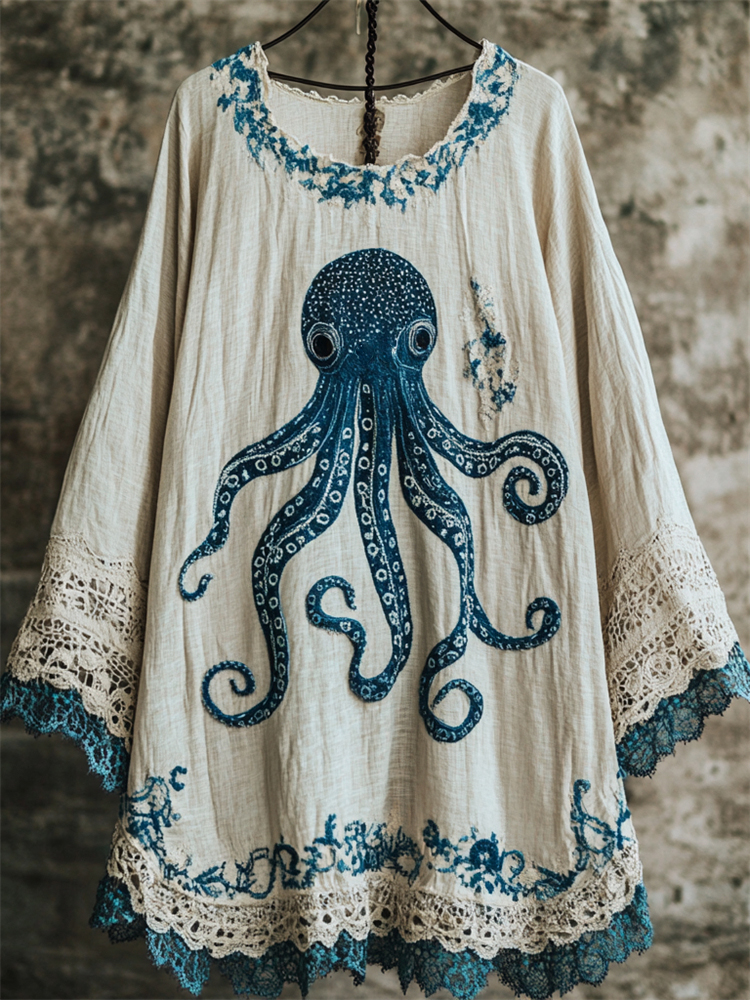 Octopus Embroidered Contrast Lace Hem Linen Blend Tunic