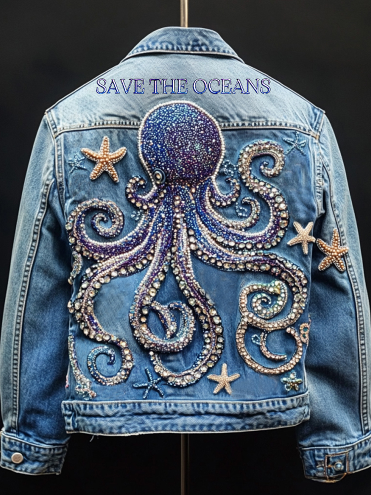 Respect The Locals Save The Oceans Octopus With Diamond Embroidered Denim Jacket