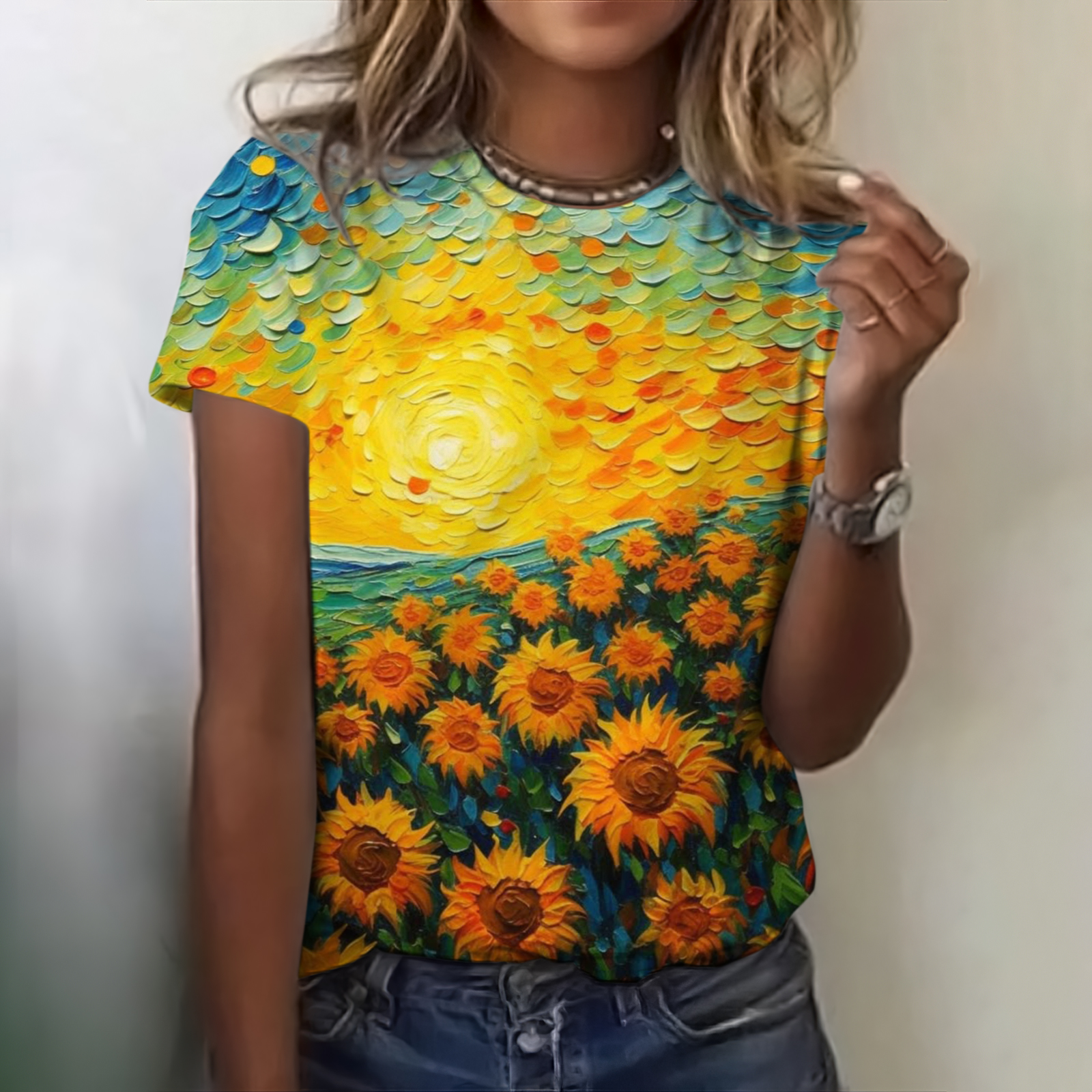 Vintage Ukrainian Sunflower Floral Print Crew Neck T-shirt