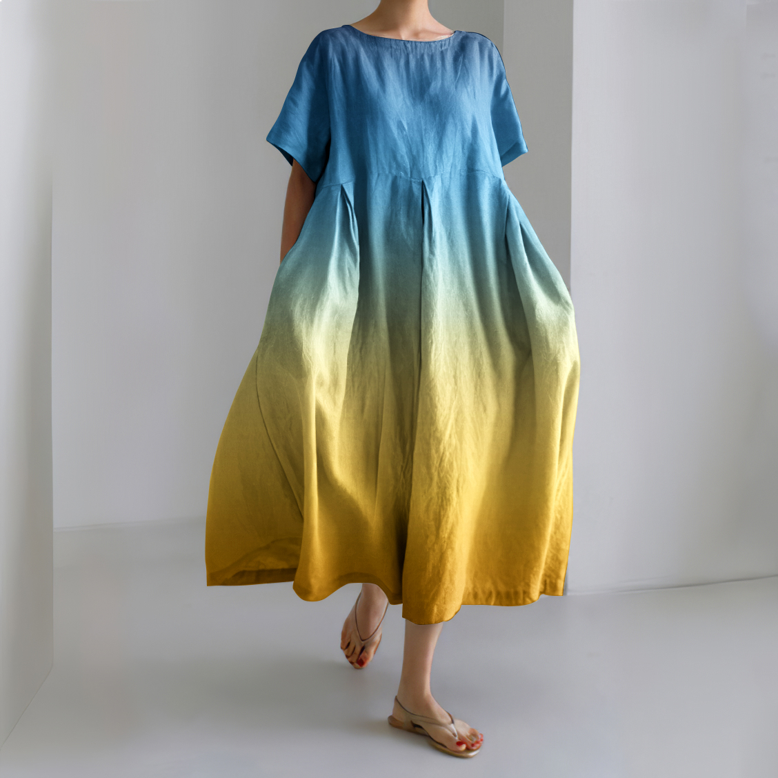 Ukrainian Gradient Art Pattern Linen Blend Maxi Dress