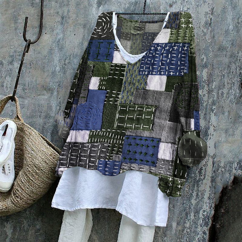 Japanese Sashiko Art Stitched Linen Blend Tunic