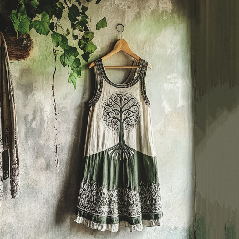 Vintage Tribal Celtic Knot Life Of Tree Patchwork Art Linen Tank Dress