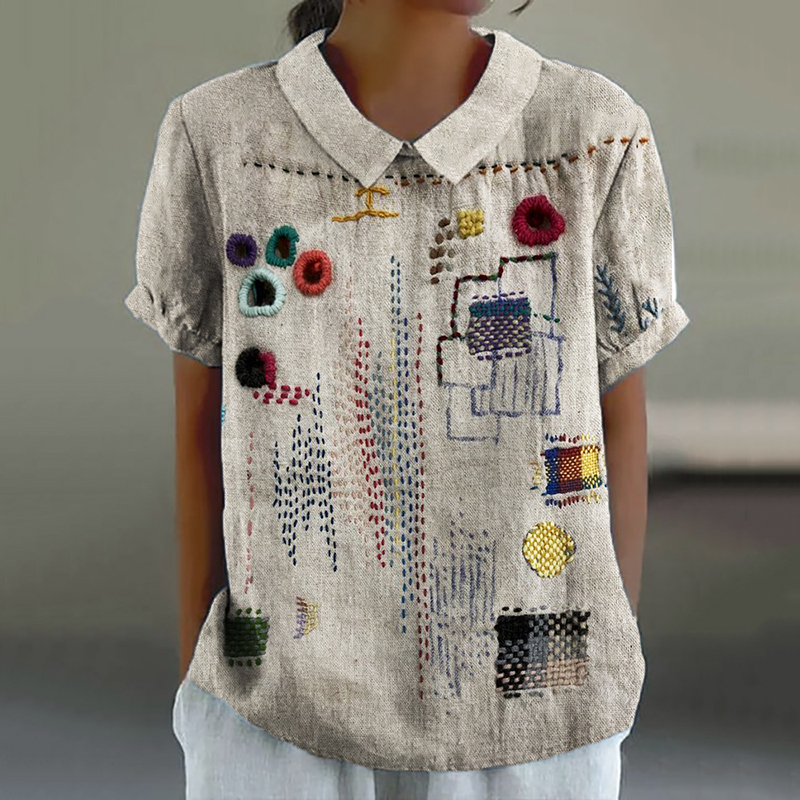 Colorful Embroidered Japanese Sashiko Art Linen Blend Shirt