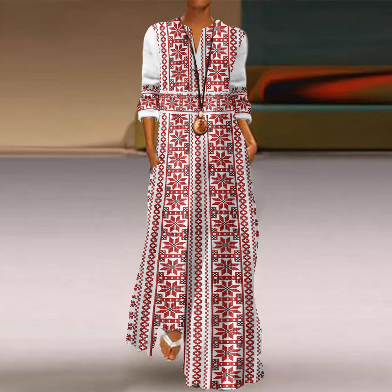 Ukraine Embroidered Art Print V-neck Casual Maxi Dress