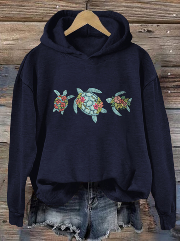 Vintage Turtle And Floral Casual Hoodie