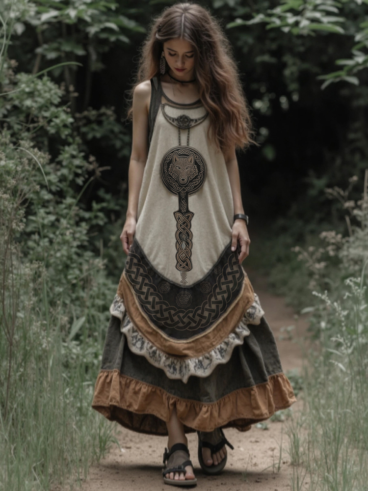 Vintage Tribal Viking Wolf Celtic Knot Linen Blend Tank Midi Dress