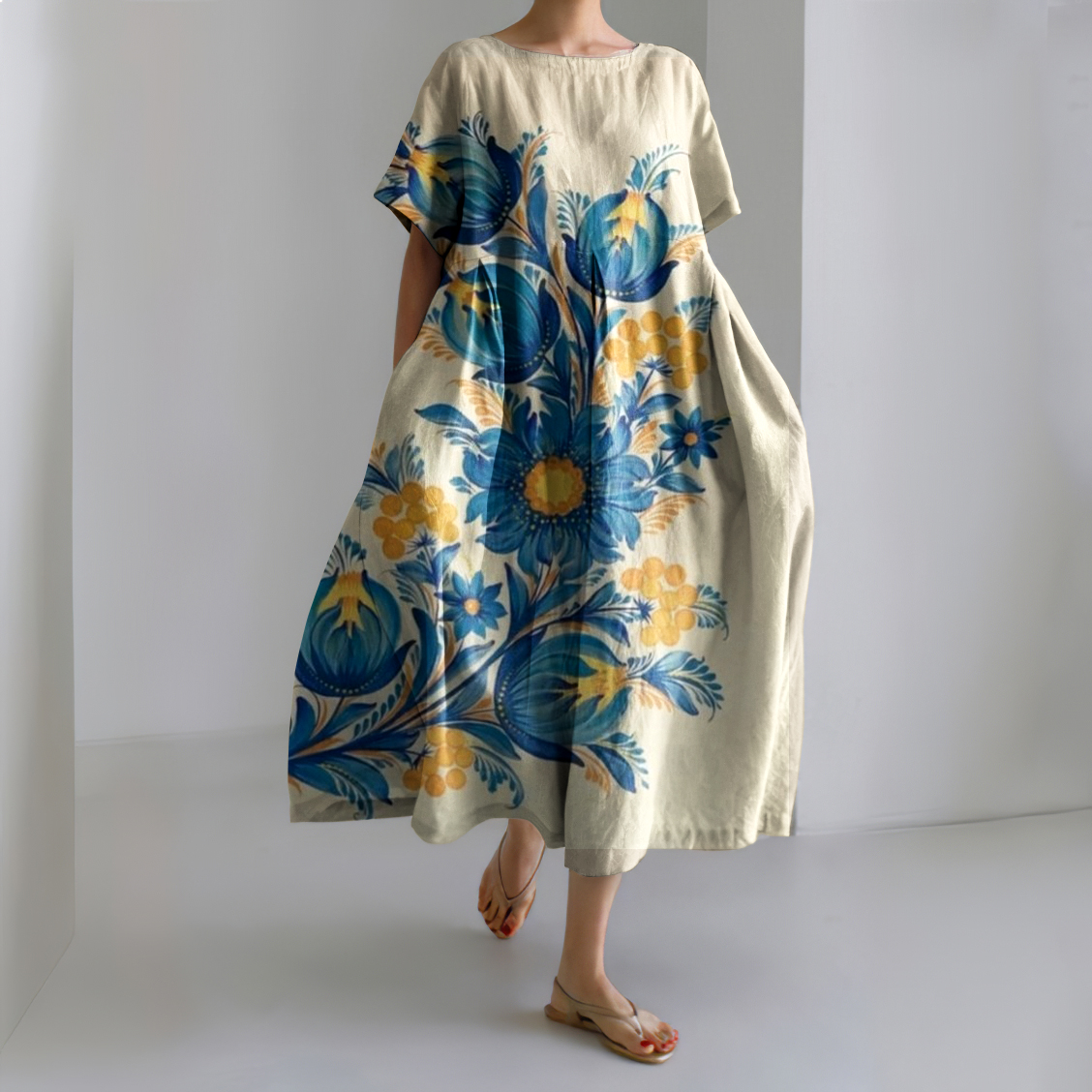 Ukrainian Vintage Flower Art Pattern Linen Blend Maxi Dress