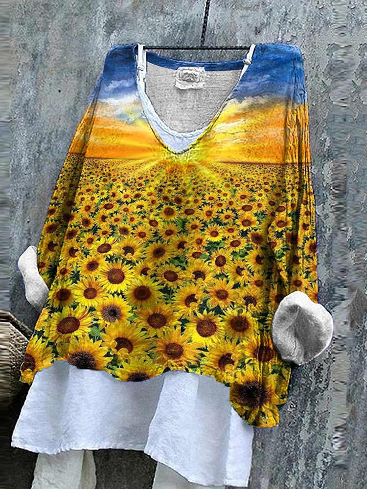 Ukrainian Sunflower Print Linen Women's V-neck Shirt