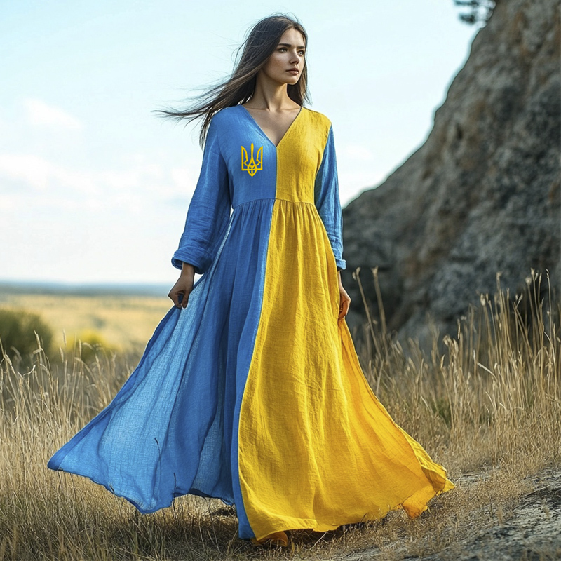 Ukrainian Gold Trident Embroidered Women's V-neck Flowing Maxi Dress