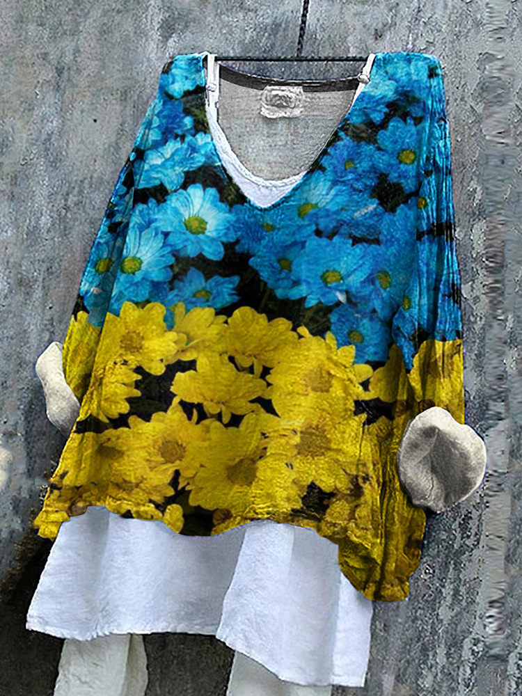 Ukrainian Flag In Floral Stop Ukr War Print Linen Women's V-neck Shirt