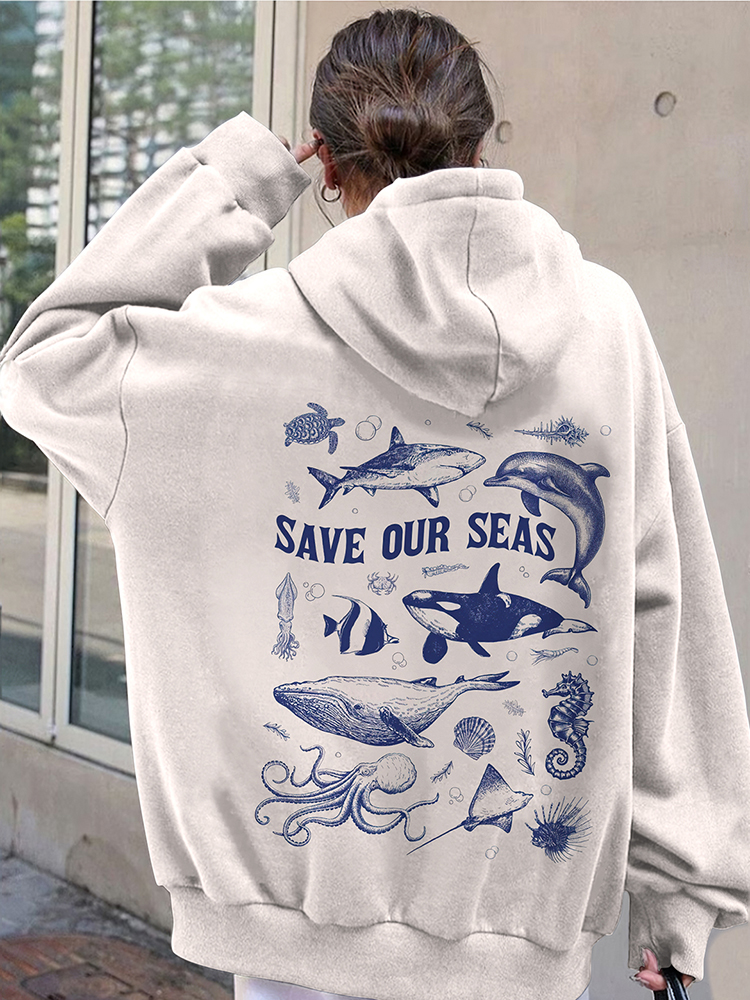 Save Our Sea Pattern Casual Hoodie