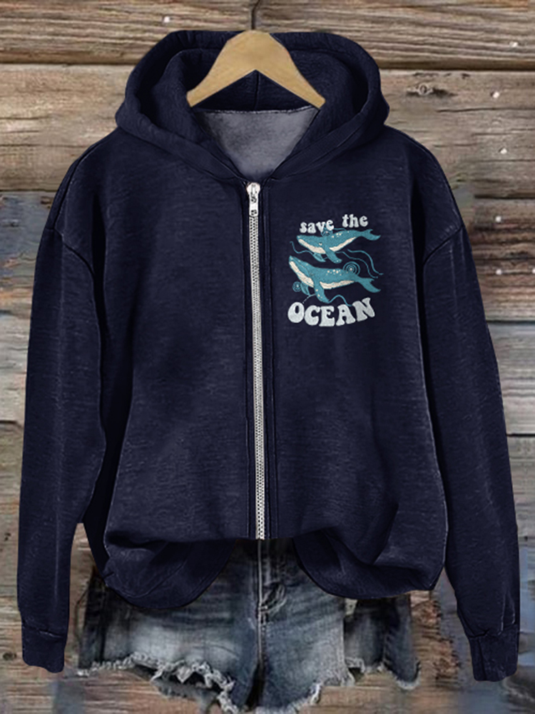Save Our Ocean Pattern Zip Up Hoodie