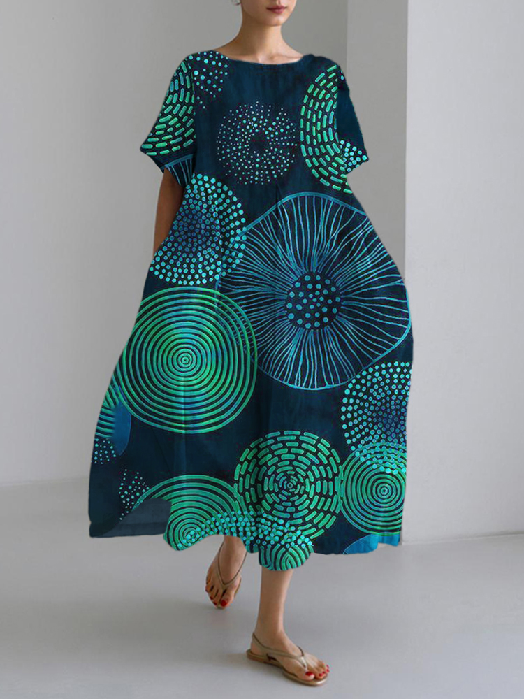 Circle Abstract Art Women's Linen Short Sleeve Maxi Dress