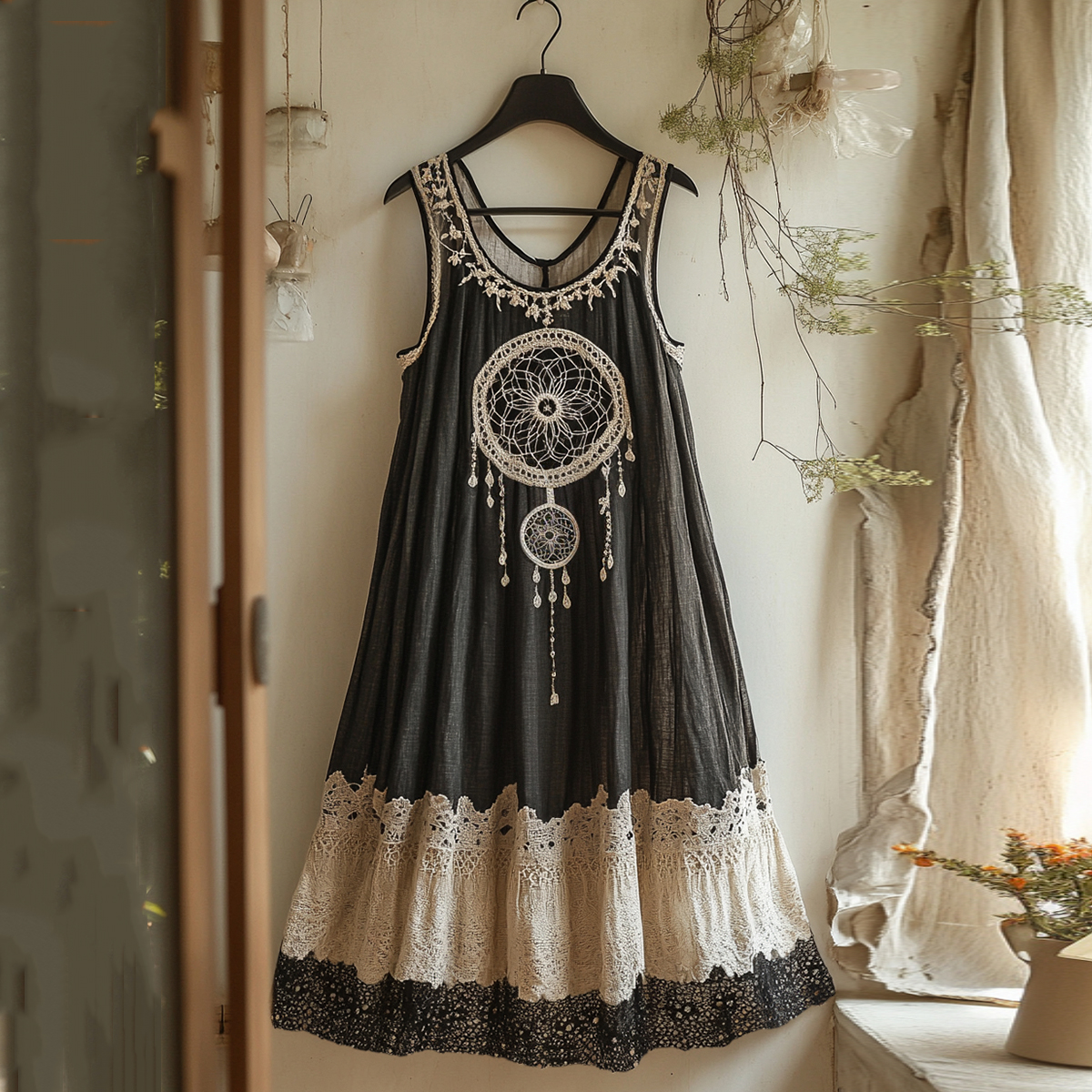 Viking Dreamcatcher Embroidered Flowy Linen Tank Dress