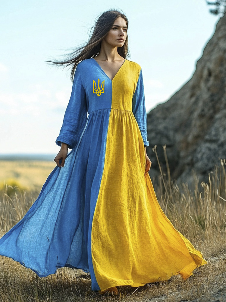 Ukrainian Gold Trident Embroidered Women's V-neck Flowing Maxi Dress