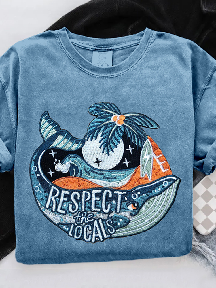 Respect The Locals Ocean Whale Embroidered Cozy T Shirt