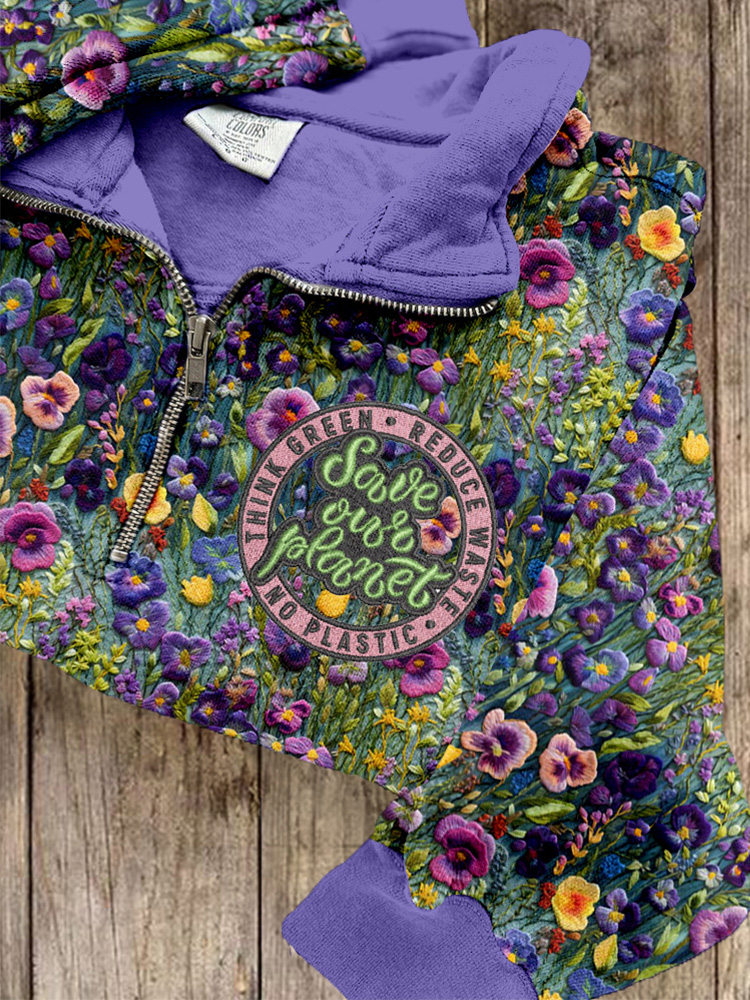 Save Our Planet Violet Wildflower Embroidered Zip Up Sweatshirt
