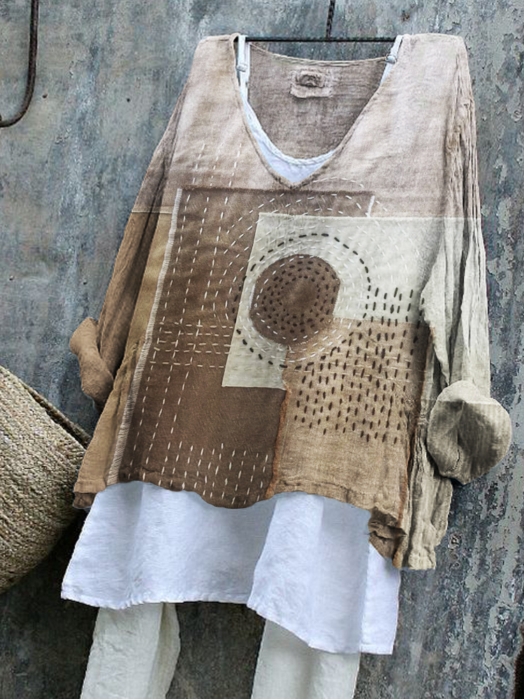 Japanese Sashiko Art Geometric Patchwork Linen Blend Tunic