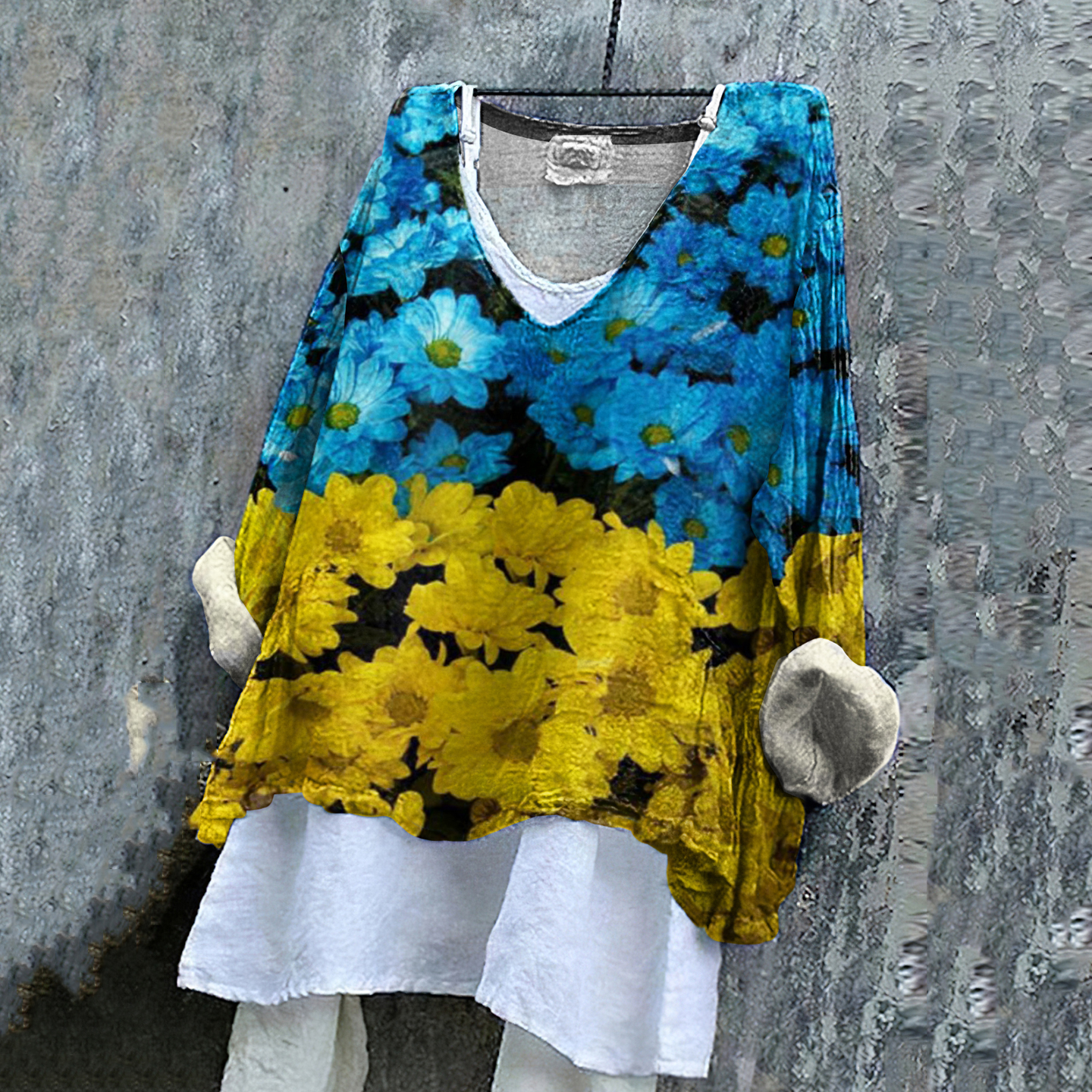 Ukrainian Flag In Floral Stop Ukr War Print Linen Women's V-neck Shirt