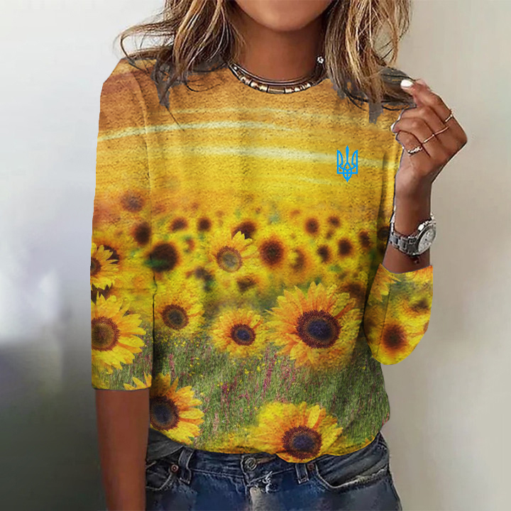 Ukrainian Sunflower Print Long-sleeved T-shirt