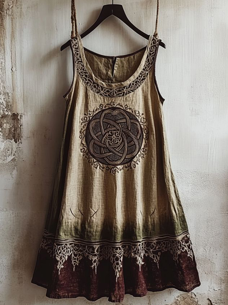 Vintage Viking Totem Color Block Linen Tank Dress