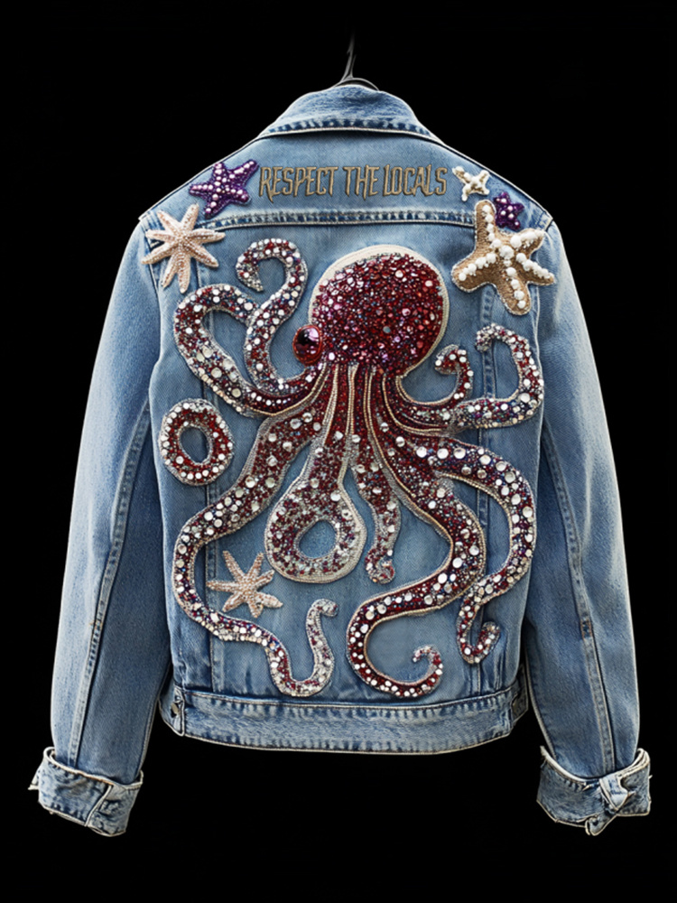 Respect The Locals Octopus With Diamond Embroidered Denim Jacket