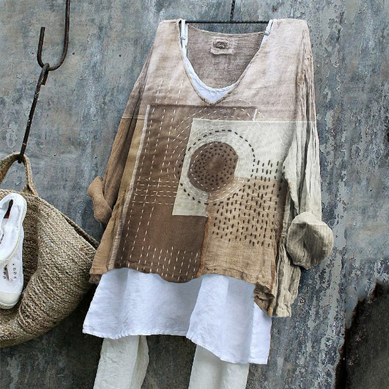 Japanese Sashiko Art Geometric Patchwork Linen Blend Tunic