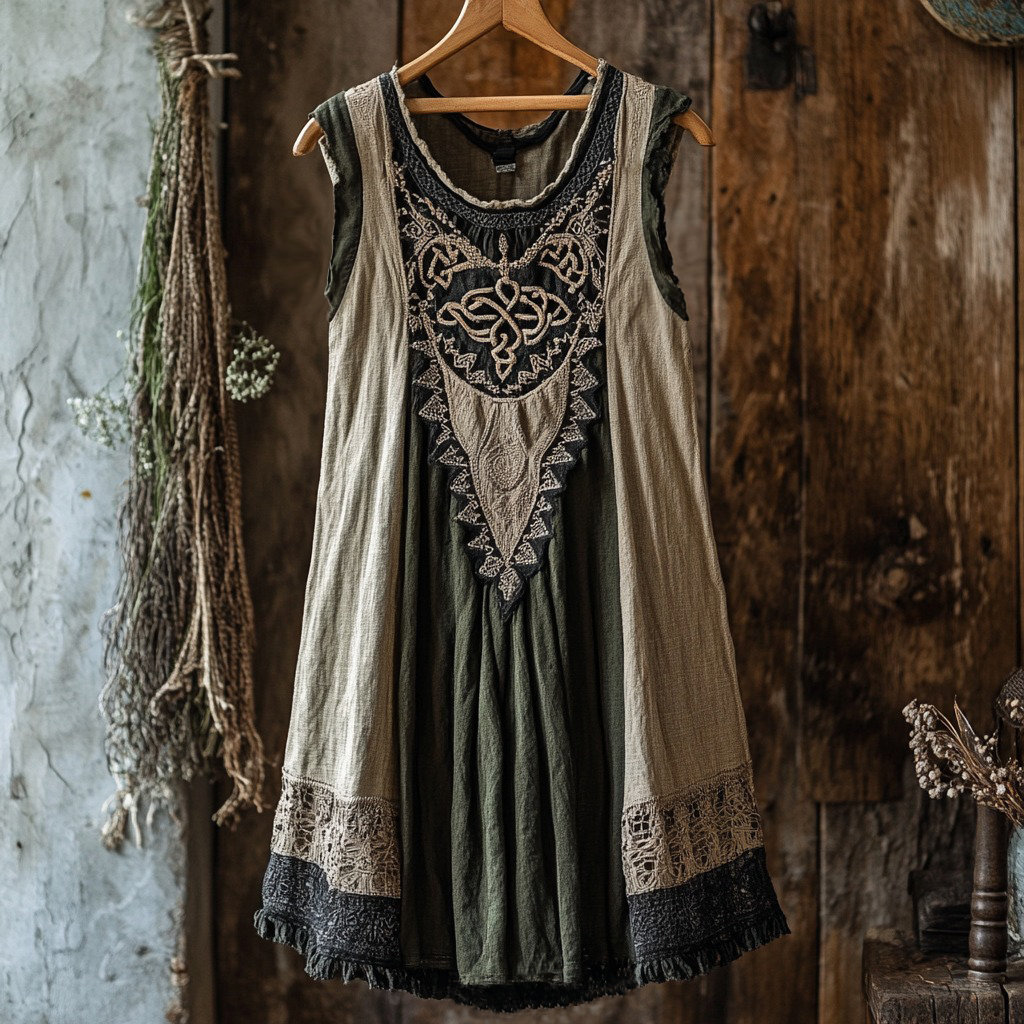 Tribal Celtic Knot Lace Patchwork Art Linen Tank Dress