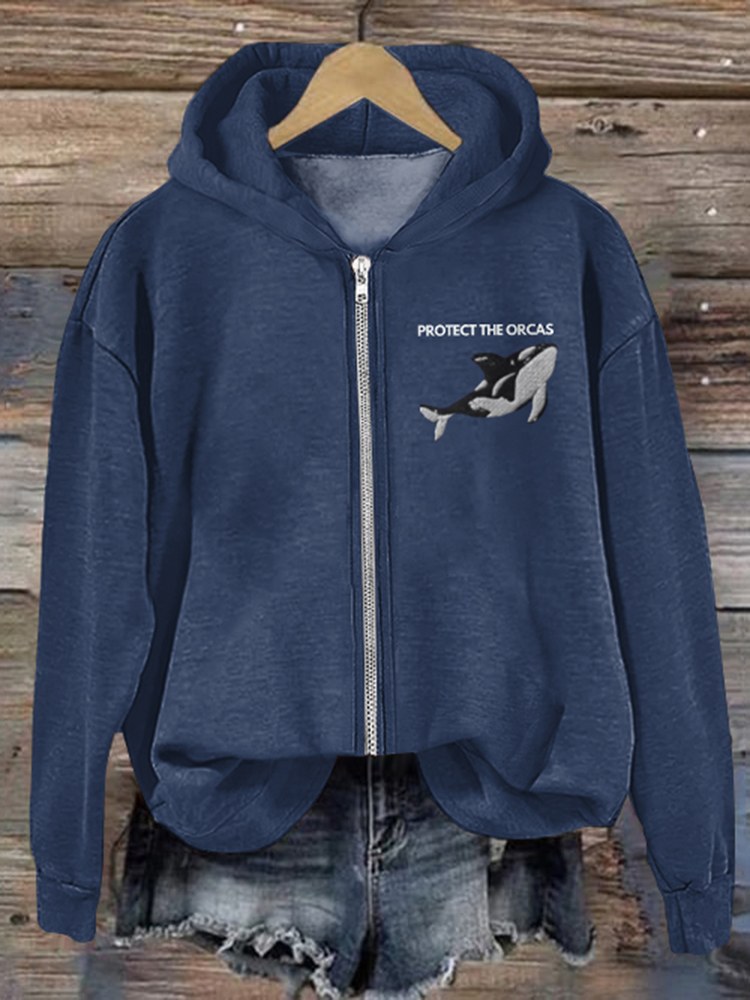 Protect The Orcas Pattern Zip Up Hoodie