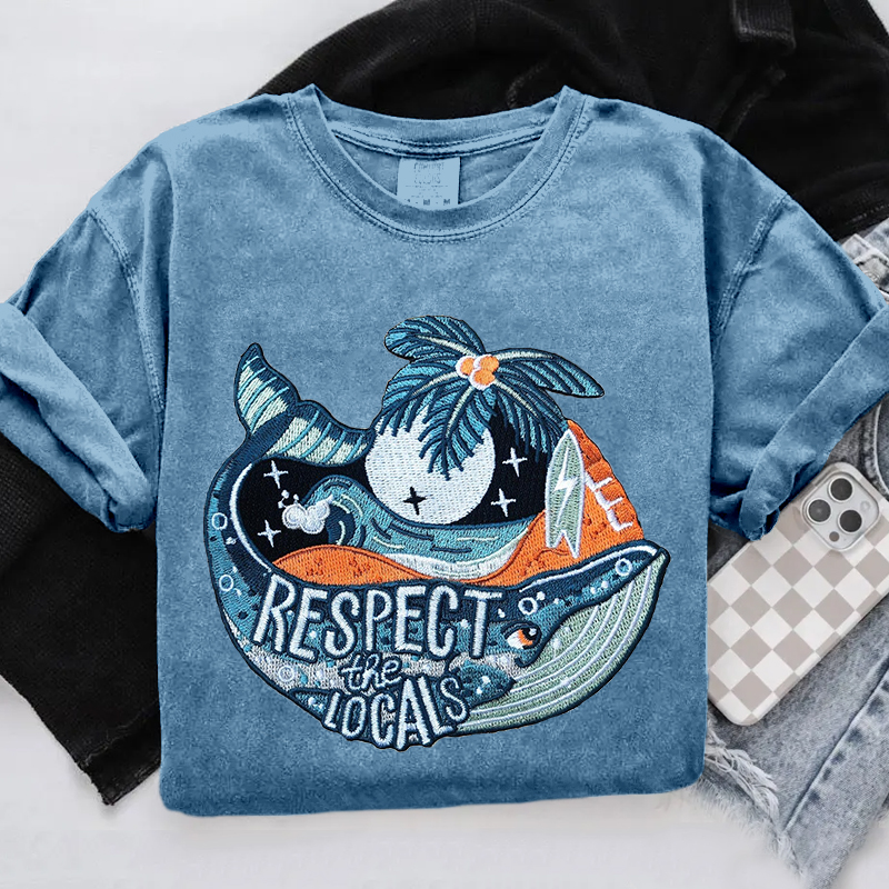 Respect The Locals Ocean Whale Embroidered Cozy T Shirt