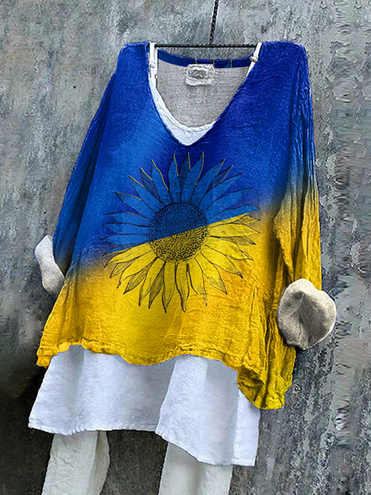Ukrainian Sunflower Stop Ukr War Print Linen Women's V-neck Shirt