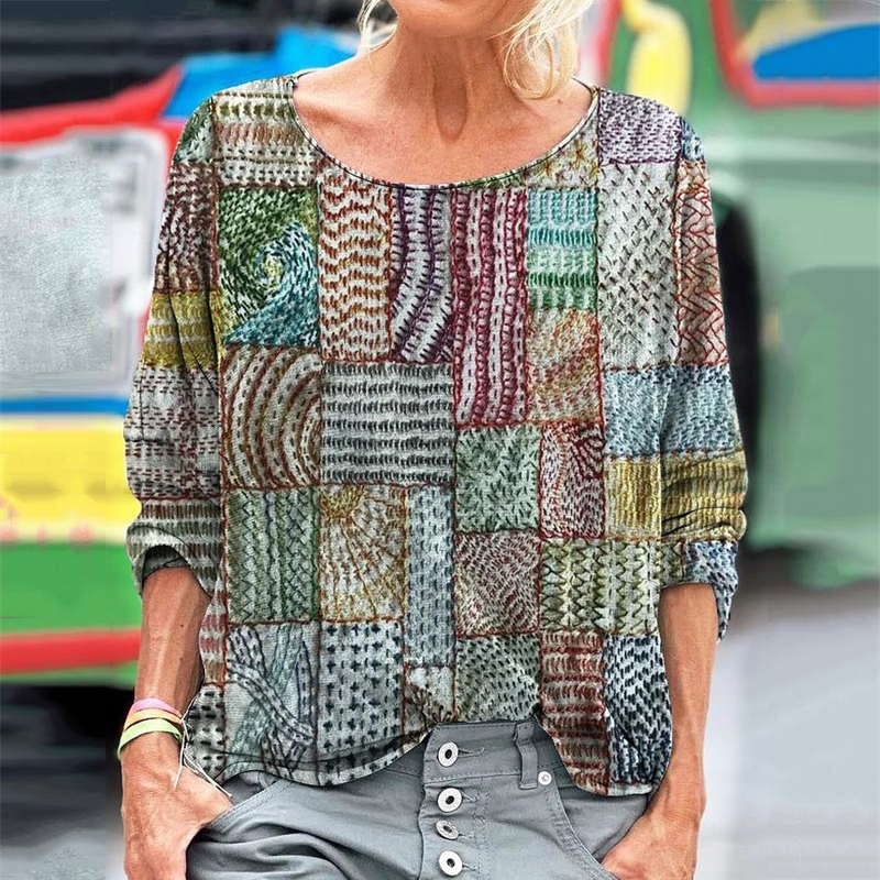 Geometric Stitch Embroidery Patchwork Pattern Women's Linen Long Sleeve T-shirt