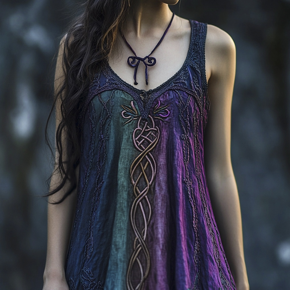 Vintage Celtic Mythology Gradient Lace Linen Tank Dress