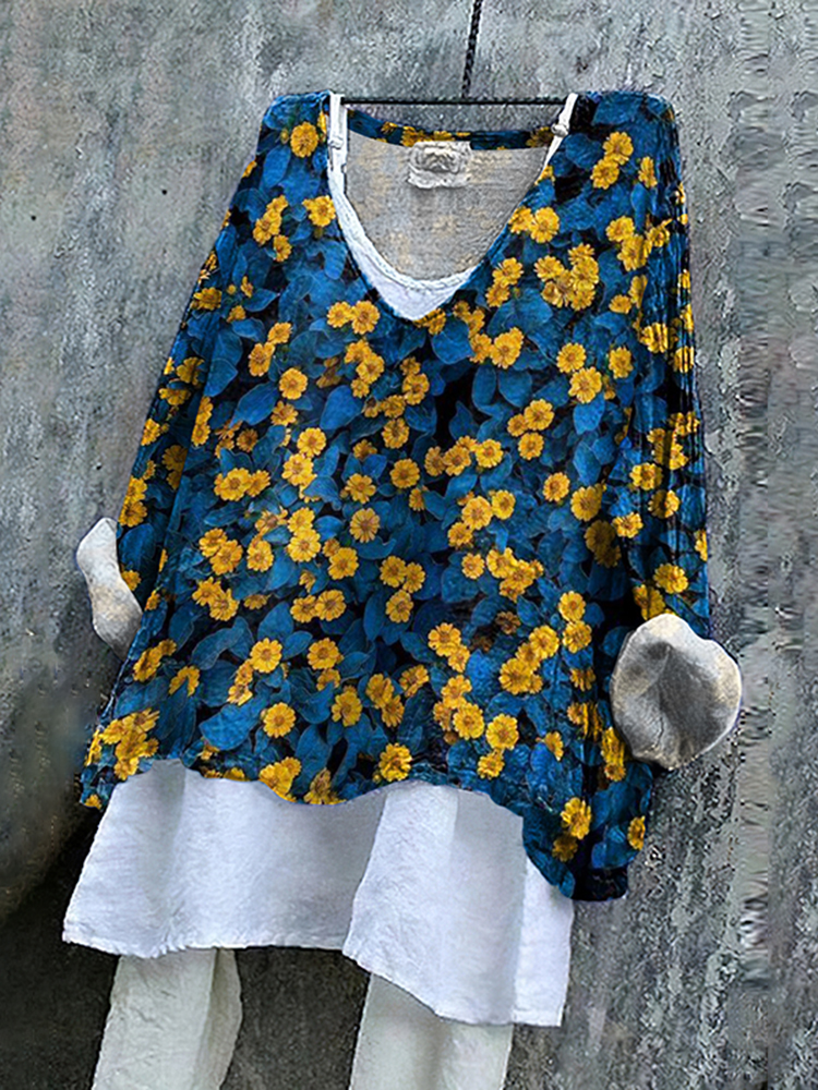 Ukrainian Flag In Floral Art Stop Ukr War Print Linen Women's V-neck Shirt