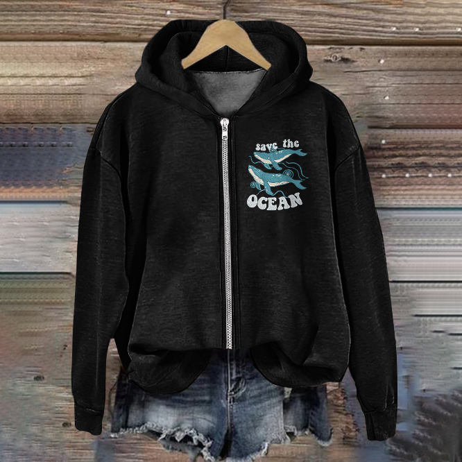 Save Our Ocean Pattern Zip Up Hoodie