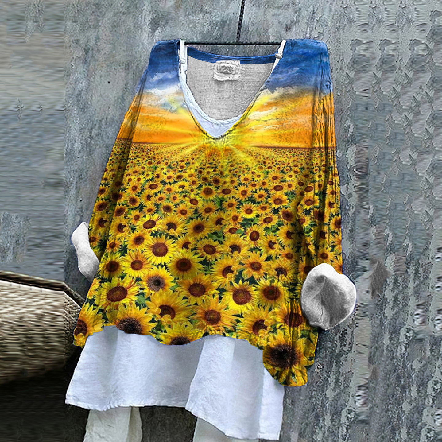 Ukrainian Sunflower Print Linen Women's V-neck Shirt